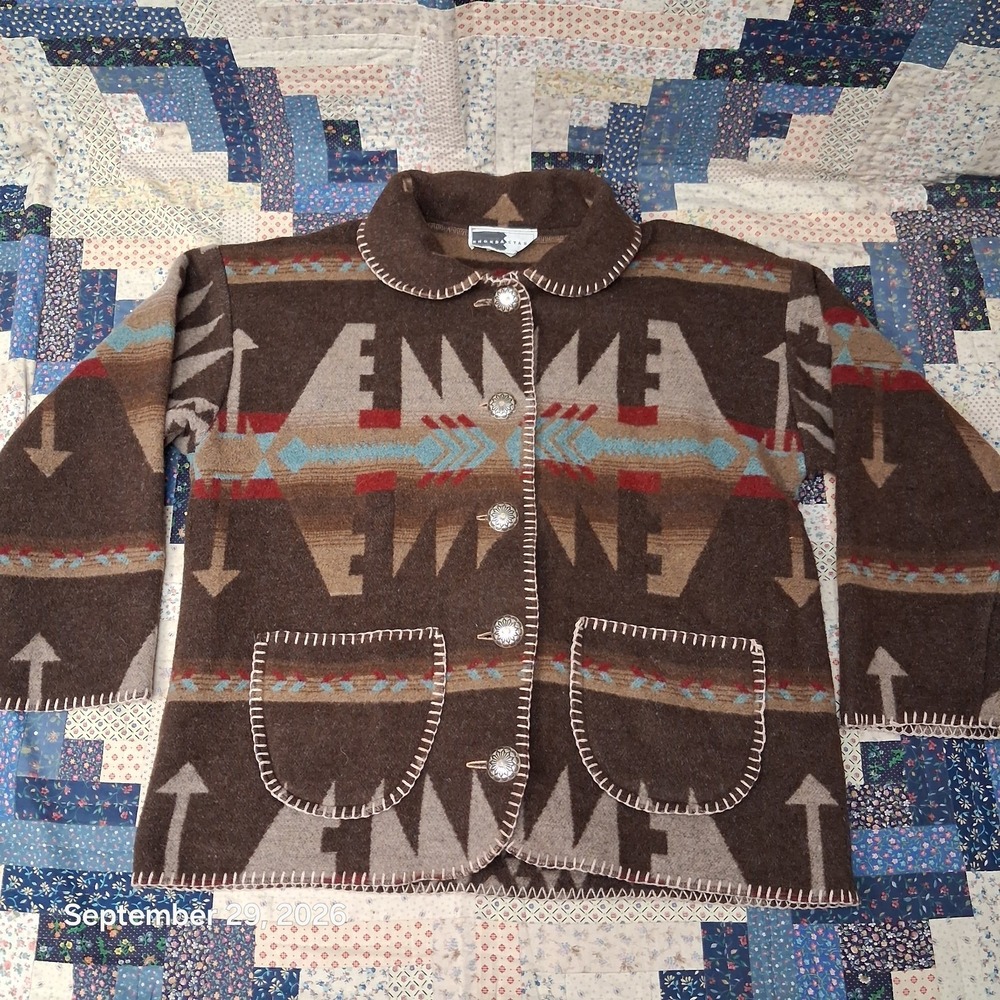 90s Vintage Rhonda Stark Aztec Blanket Coat Whipstitch Trim Concho Buttons L